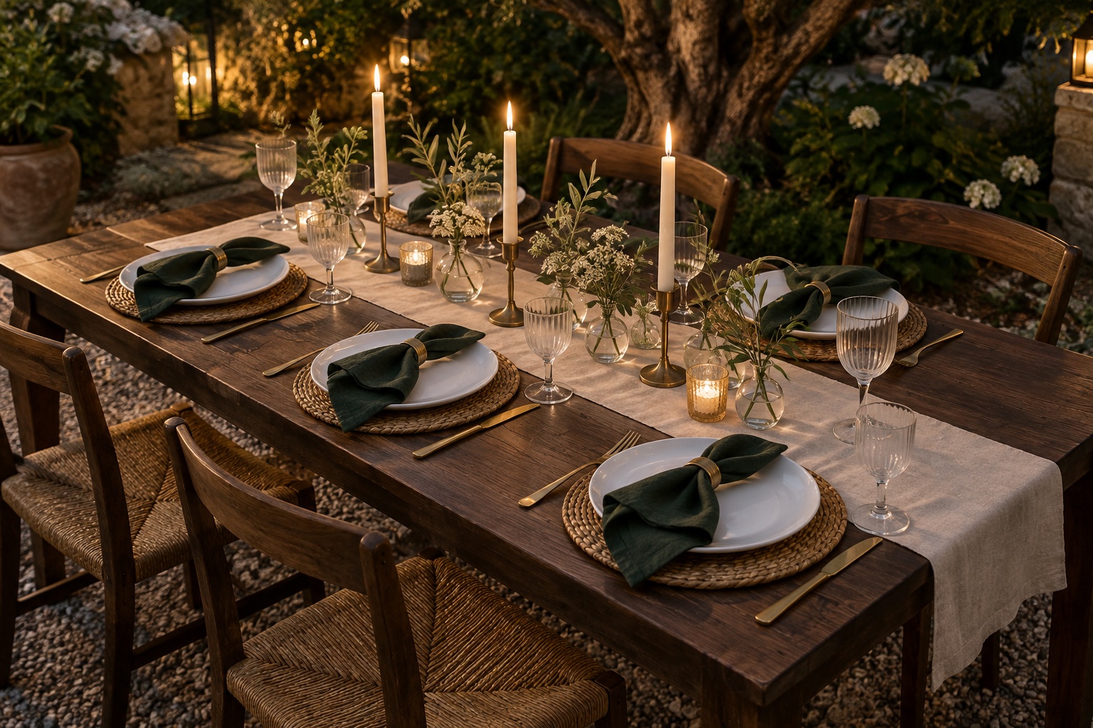 AI-styled inspiration: An evening garden table with dark green napkins, white plates, woven chargers, gold flatware, glowing taper candles, clear vases and a cream runner over dark wood.