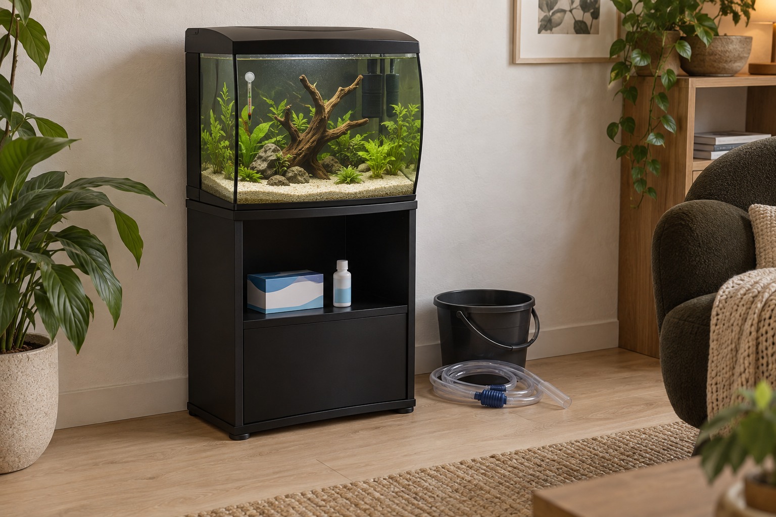 AI-styled inspiration: compact black aquarium and matching-style stand in a living room, with pale sand, driftwood, aquatic plants, a test kit, conditioner, thermometer, siphon and bucket.