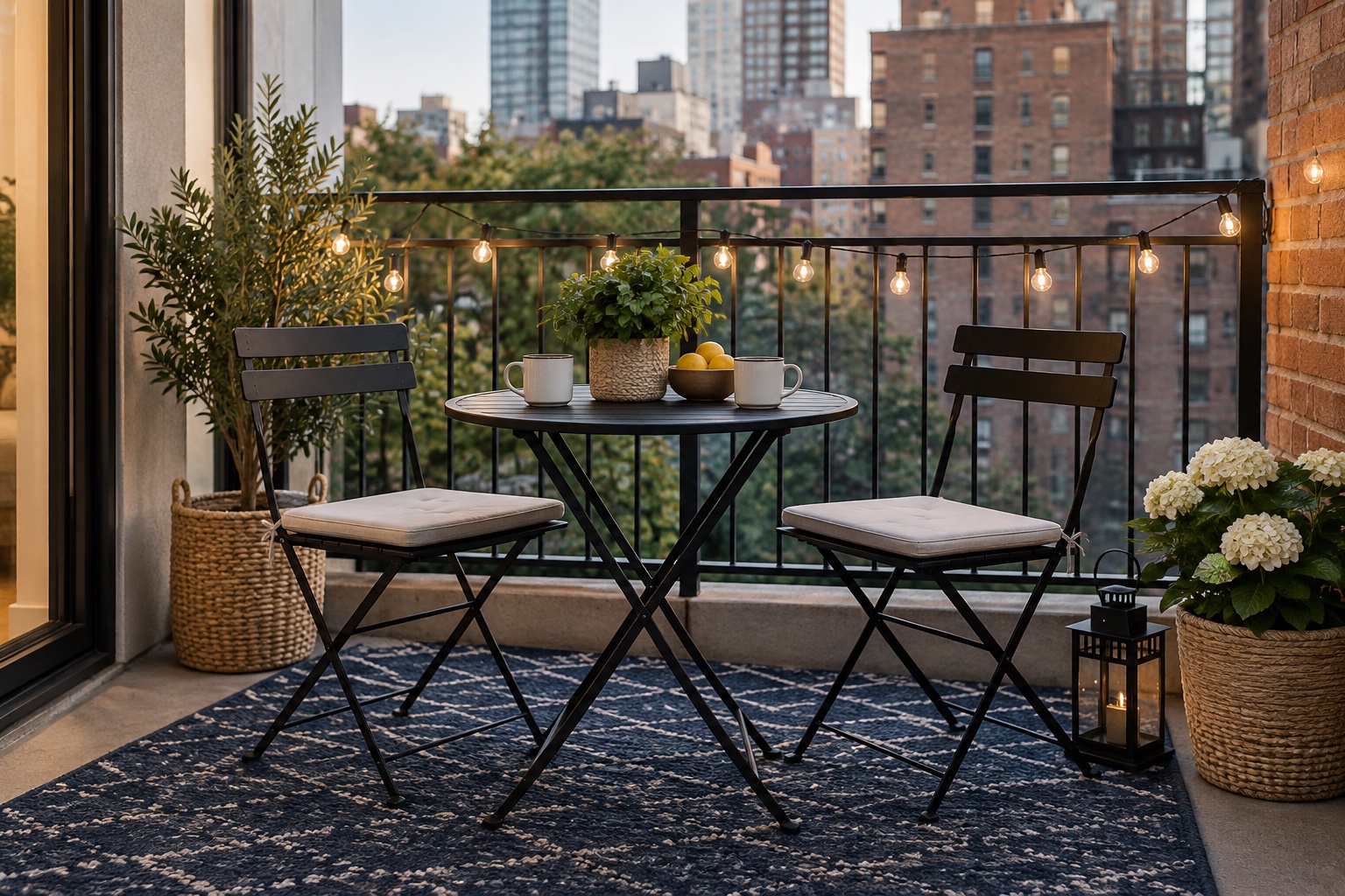 AI-styled inspiration: Small balcony with black bistro table and chairs, navy rug, cushions, planters and string lights.