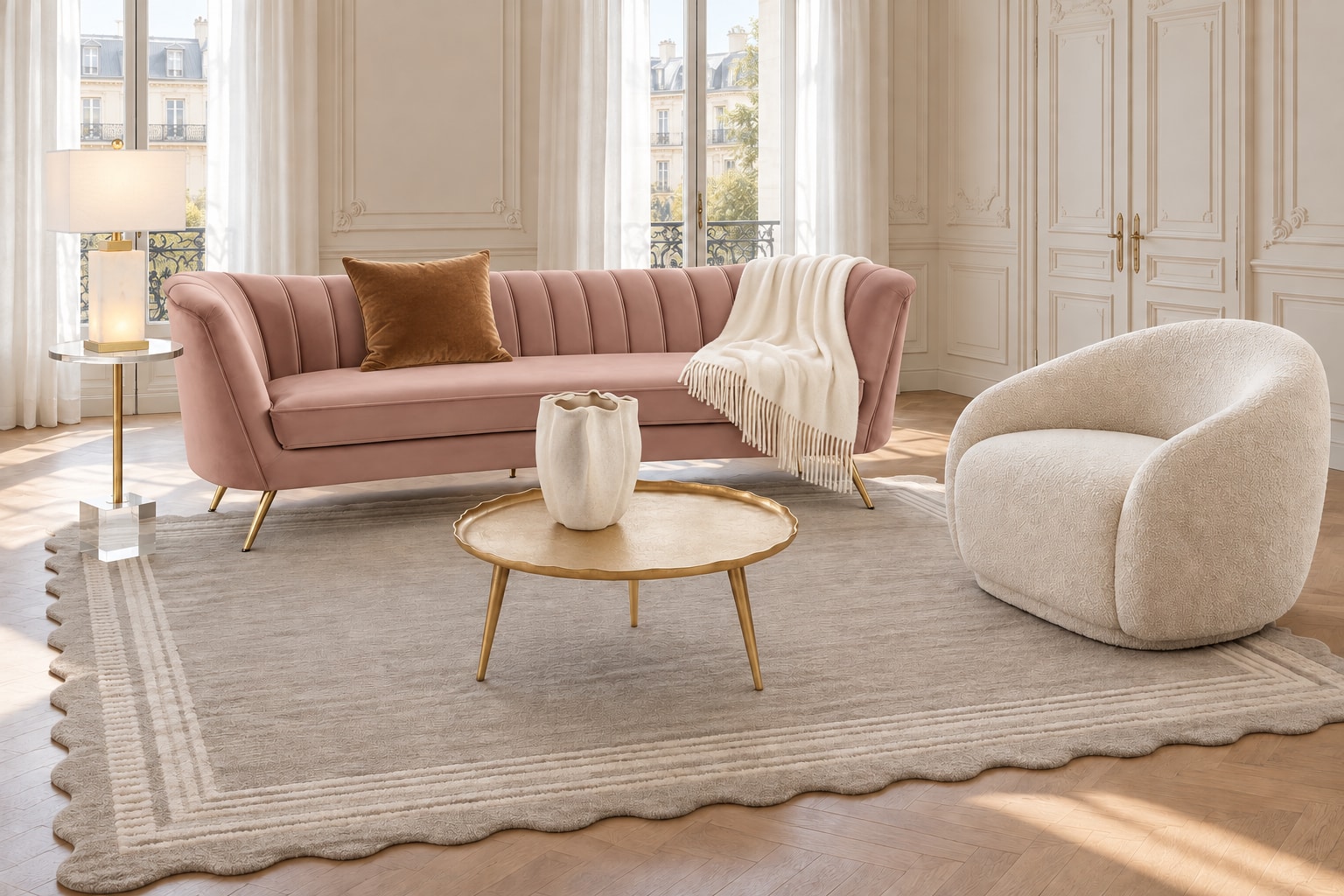 AI arrangement generated from selected Amazon product photos: Blush Salon, with Meridian Margo pink velvet sofa, Meridian Hyde bouclé accent chair and Kate and Laurel Alessia Round Coffee Table.