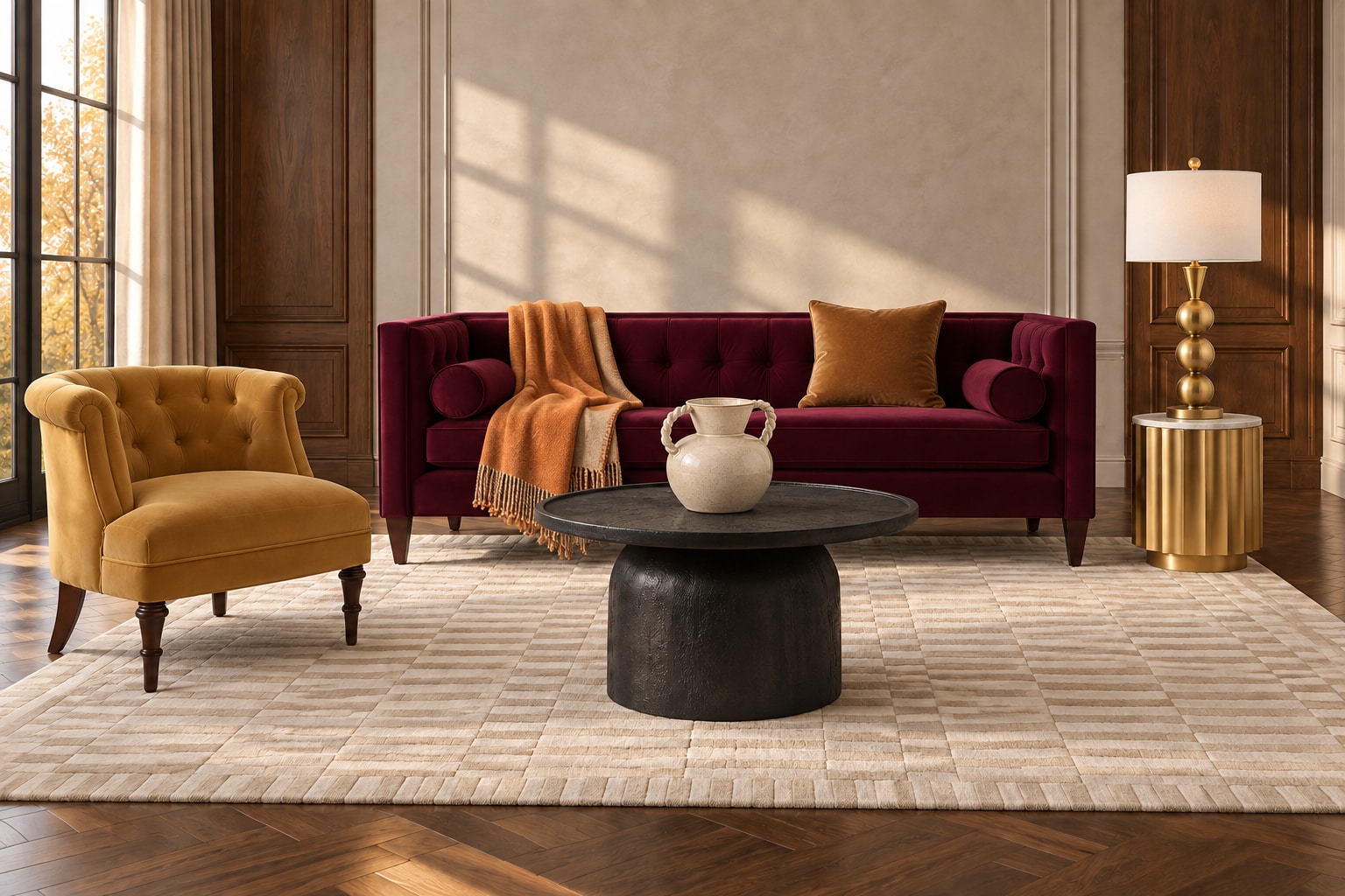AI arrangement generated from selected Amazon product photos: The Drawing Room, with Jennifer Taylor Home Jack burgundy sofa, Jennifer Taylor Home Katherine velvet chair and Modway Holloway Round Coffee Table.