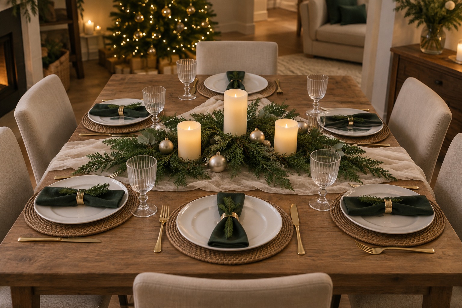AI-styled inspiration: Christmas table with six white plates, dark green napkins, woven placemats, gold-tone flatware, low evergreen greenery, champagne ornaments and three ivory pillar candles.