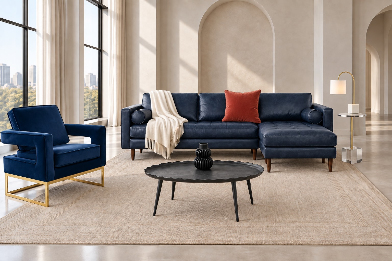 AI arrangement generated from selected Amazon product photos: Midnight Gallery, with POLY & BARK Napa leather sectional, Meridian Noah navy velvet chair and Kate and Laurel Alessia Oval Coffee Table.