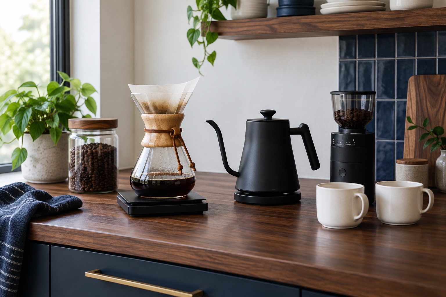 AI-styled inspiration: Pour-over brewer, black kettle and grinder, coffee scale, white mugs and a bean canister on a walnut counter.