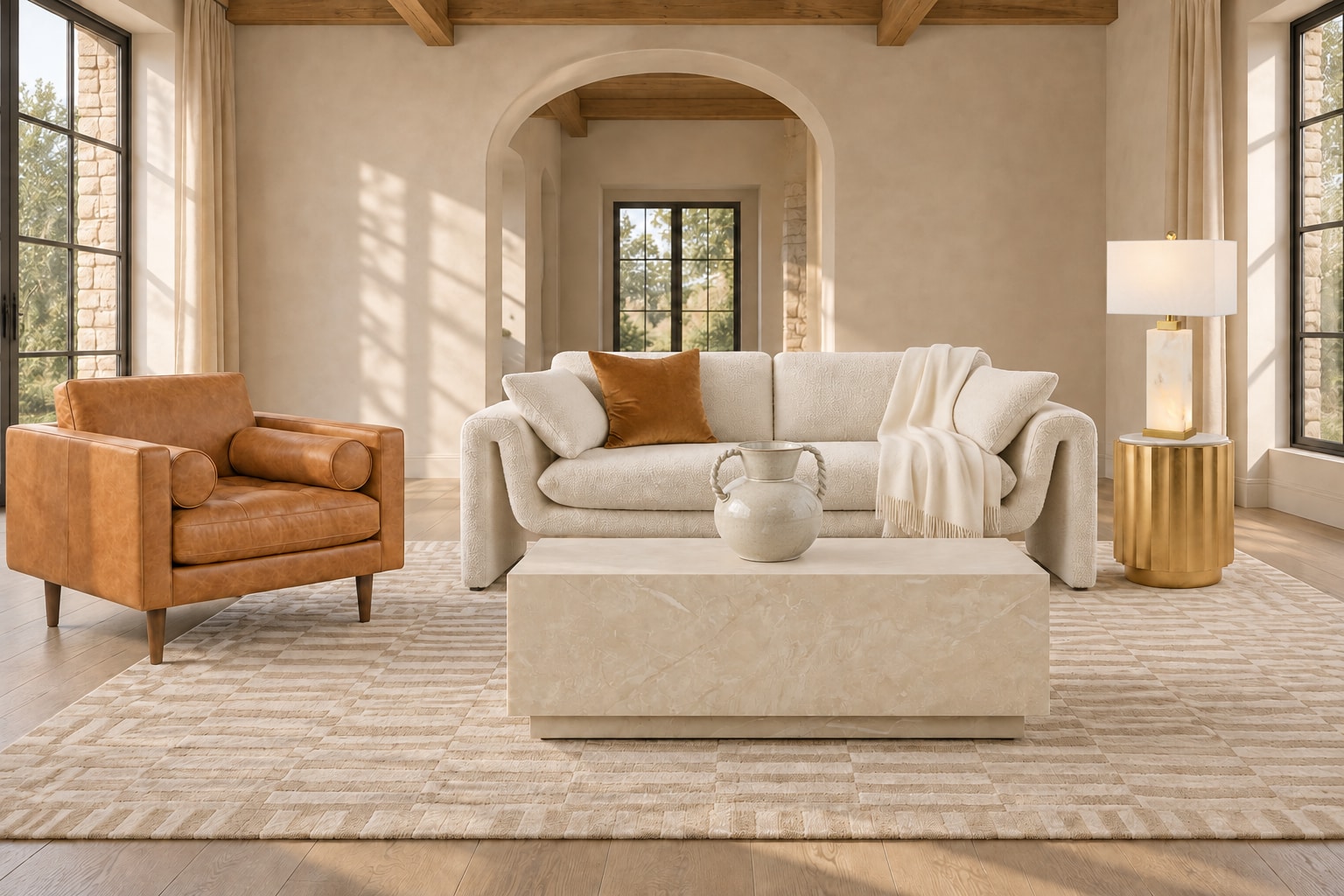 AI arrangement generated from selected Amazon product photos: The Country Estate, with Modway Waverly bouclé sofa, POLY & BARK Napa leather lounge chair and TOV Furniture Romy Coffee Table.