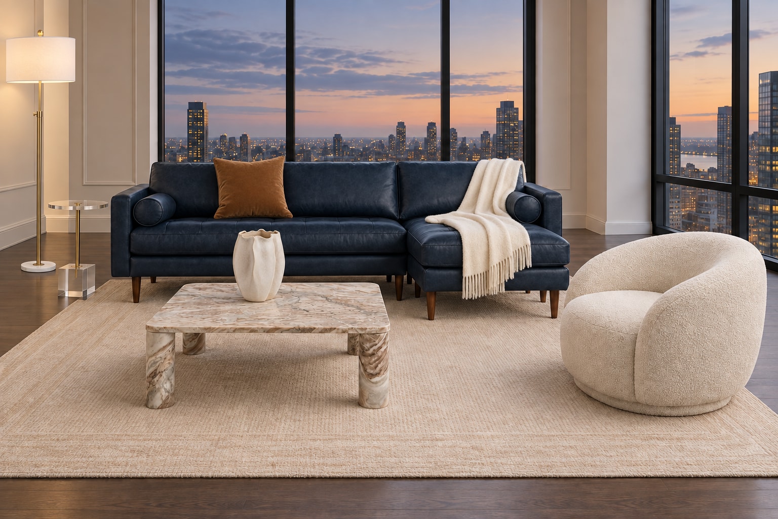 AI arrangement generated from selected Amazon product photos: Midnight Residence, with POLY & BARK Napa leather sectional, Meridian Hyde bouclé accent chair and SAFAVIEH Couture Nicoletta Marble Coffee Table.