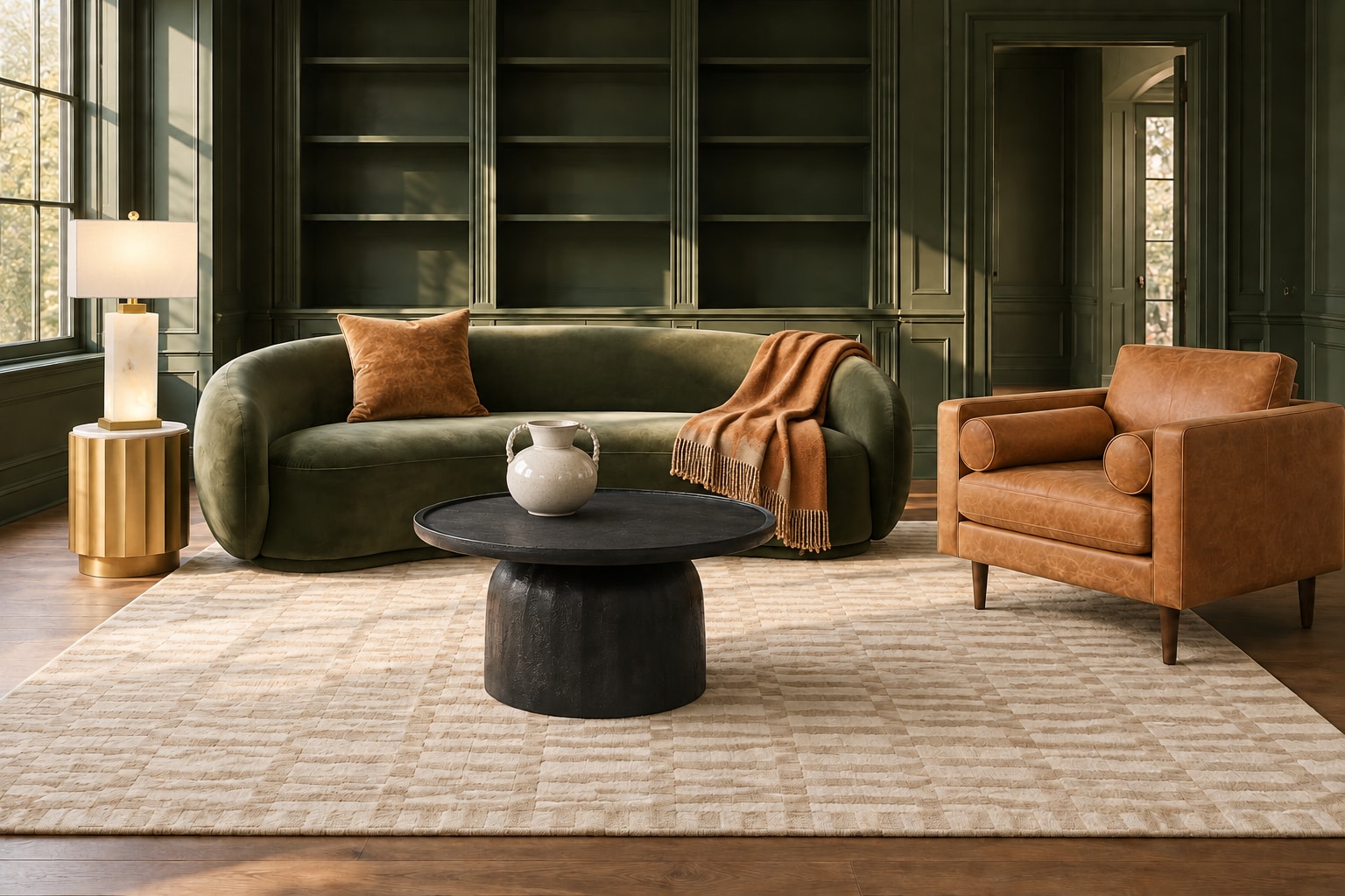 AI arrangement generated from selected Amazon product photos: Forest Library, with Meridian Emery green velvet sofa, POLY & BARK Napa leather lounge chair and Modway Holloway Round Coffee Table.