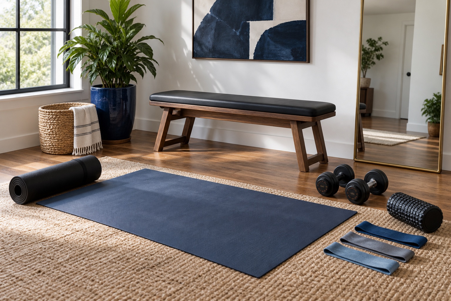 AI-styled inspiration: Adjustable dumbbells, padded weight bench, mat, fabric loop bands, foam roller and wall mirror.