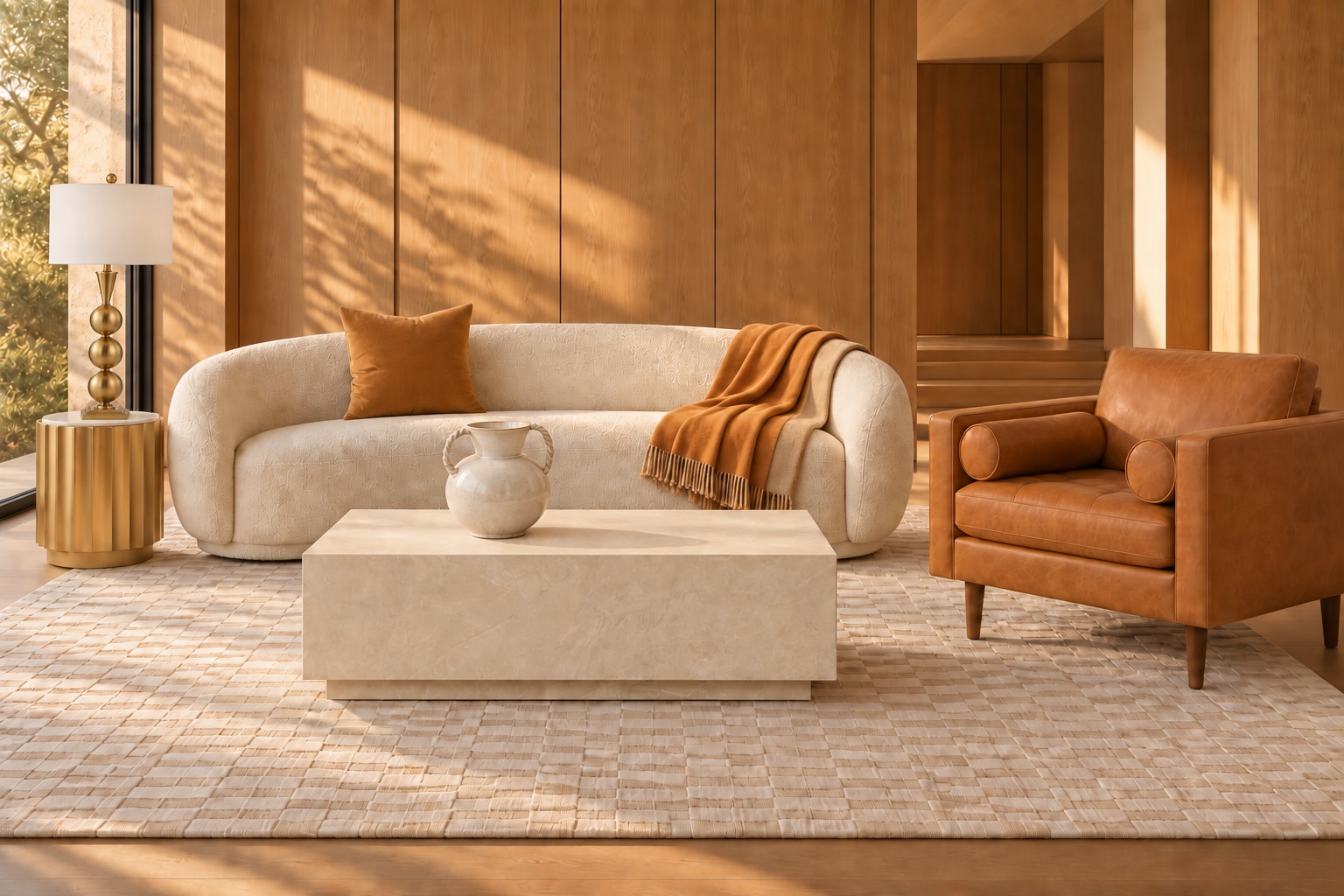 AI arrangement generated from selected Amazon product photos: Honey Residence, with Meridian Hyde bouclé sofa, POLY & BARK Napa leather lounge chair and TOV Furniture Romy Coffee Table.