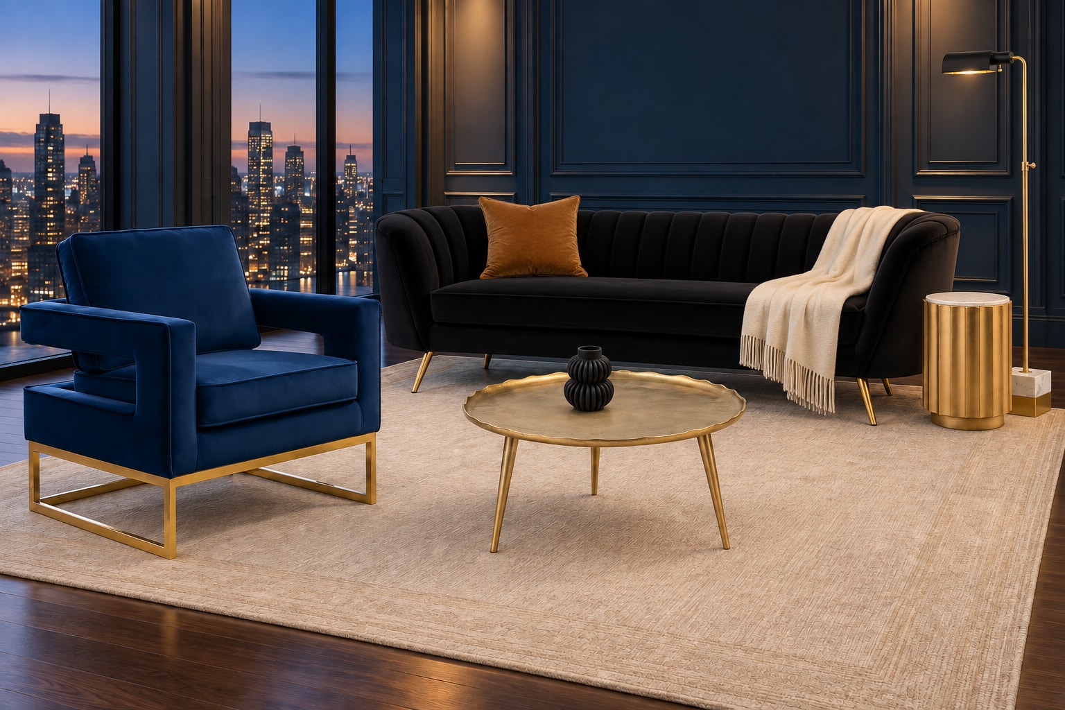AI arrangement generated from selected Amazon product photos: Ink & Brass Salon, with Meridian Margo black velvet sofa, Meridian Noah navy velvet chair and Kate and Laurel Alessia Round Coffee Table.