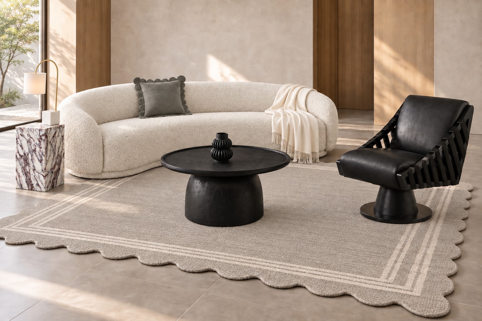 AI arrangement generated from selected Amazon product photos: Paper & Stone, with Meridian Hyde bouclé sofa, Meridian Millwin swivel chair and Modway Holloway Round Coffee Table.