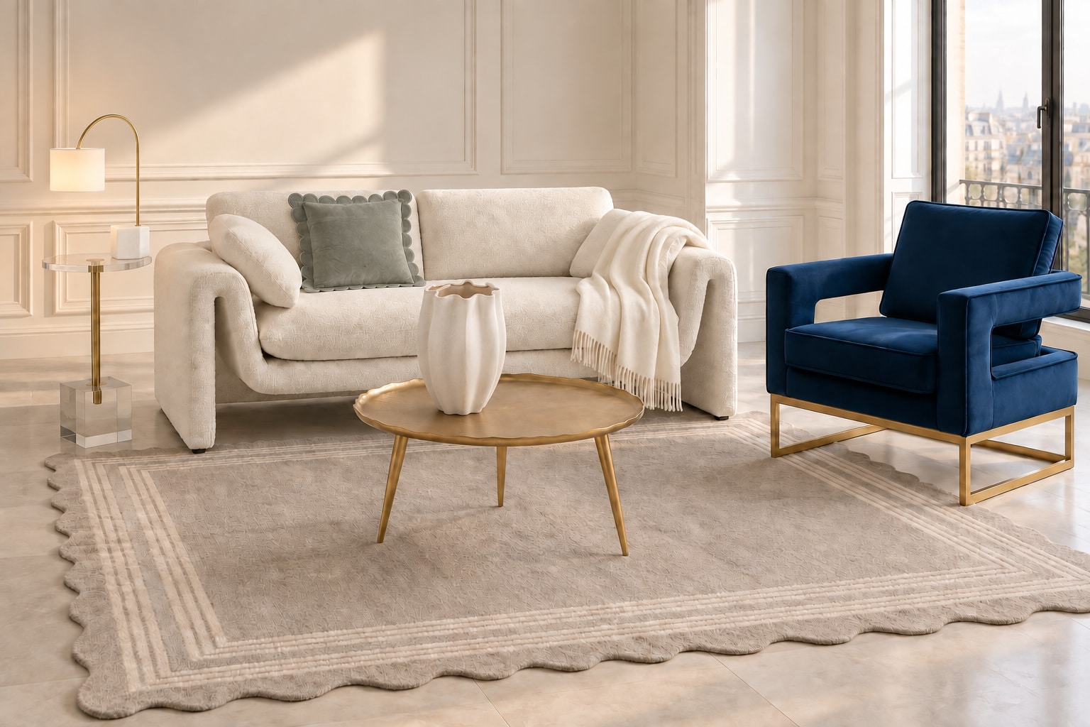 AI arrangement generated from selected Amazon product photos: Pearl Suite, with Modway Waverly bouclé sofa, Meridian Noah navy velvet chair and Kate and Laurel Alessia Round Coffee Table.