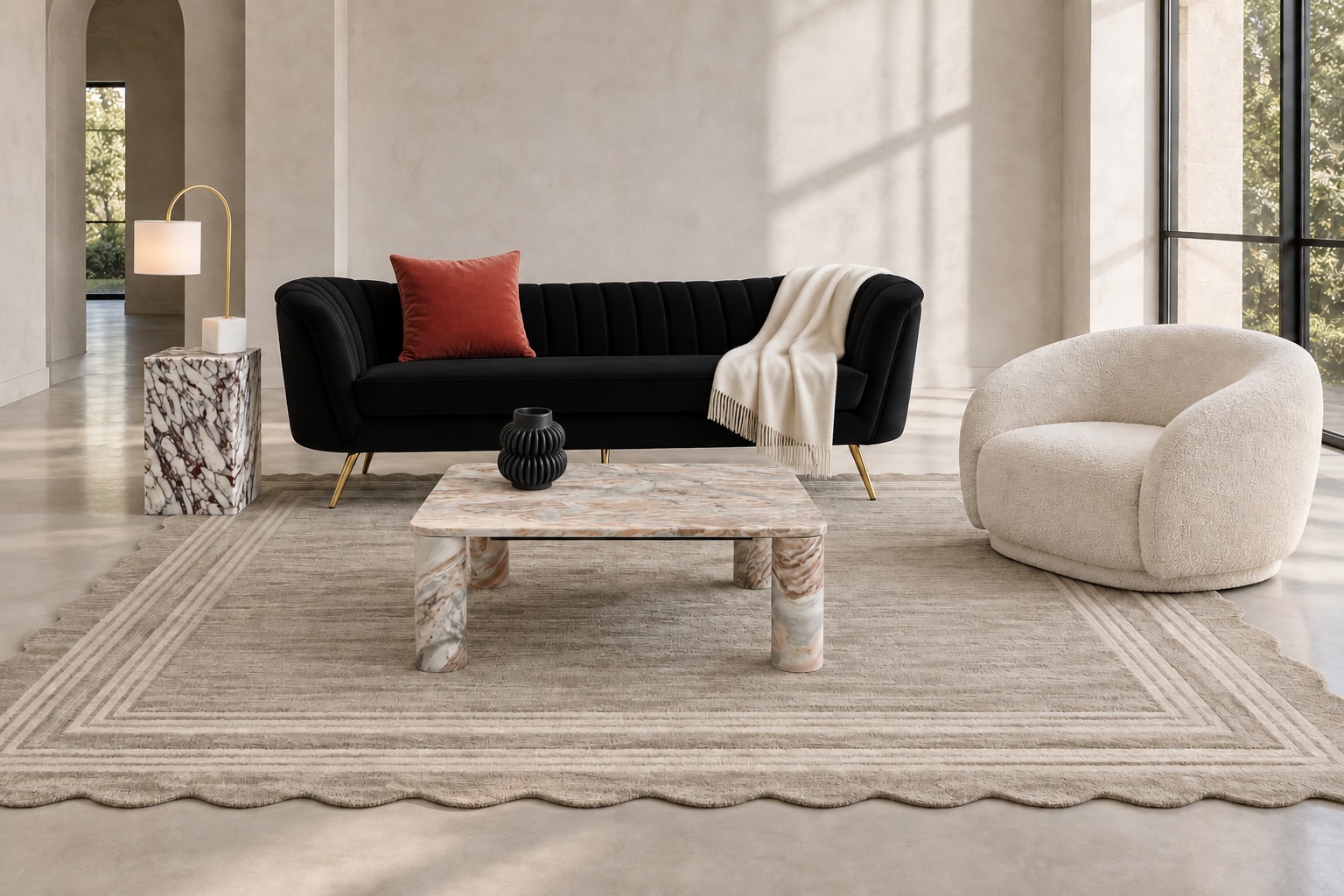 AI arrangement generated from selected Amazon product photos: Monochrome Gallery, with Meridian Margo black velvet sofa, Meridian Hyde bouclé accent chair and SAFAVIEH Couture Nicoletta Marble Coffee Table.