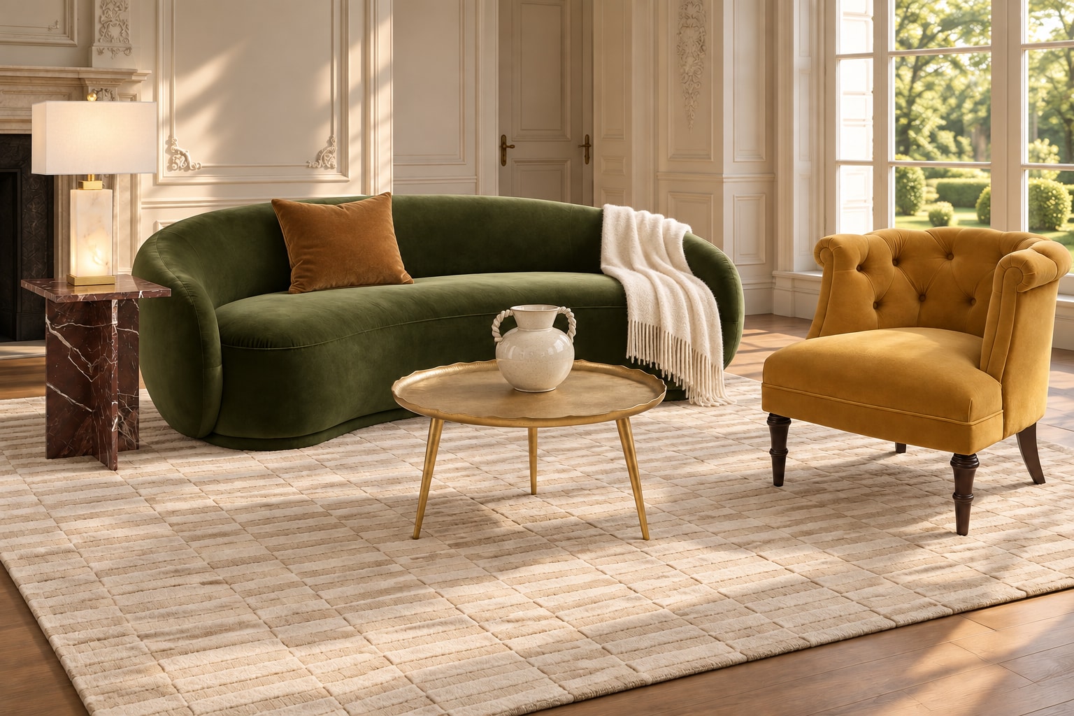 AI arrangement generated from selected Amazon product photos: Moss Estate, with Meridian Emery green velvet sofa, Jennifer Taylor Home Katherine velvet chair and Kate and Laurel Alessia Round Coffee Table.