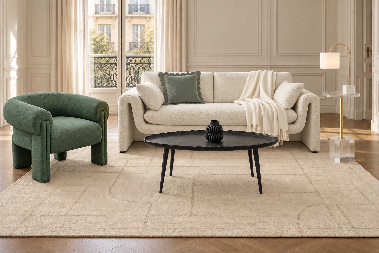 AI arrangement generated from selected Amazon product photos: The Pied-à-Terre, with Modway Waverly bouclé sofa, Meridian Stefano green accent chair and Kate and Laurel Alessia Oval Coffee Table.