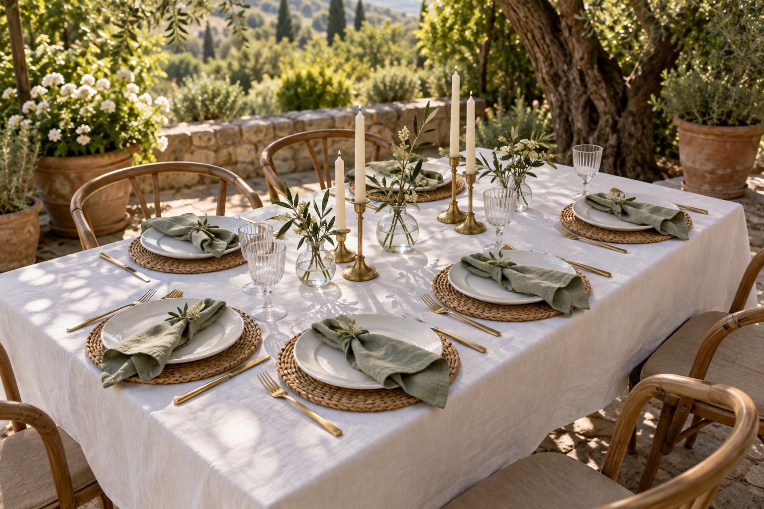 AI-styled inspiration: A sunlit garden table with sage napkins, white dinner plates, woven chargers, gold cutlery, ribbed goblets, glass vases, olive branches and ivory candles.