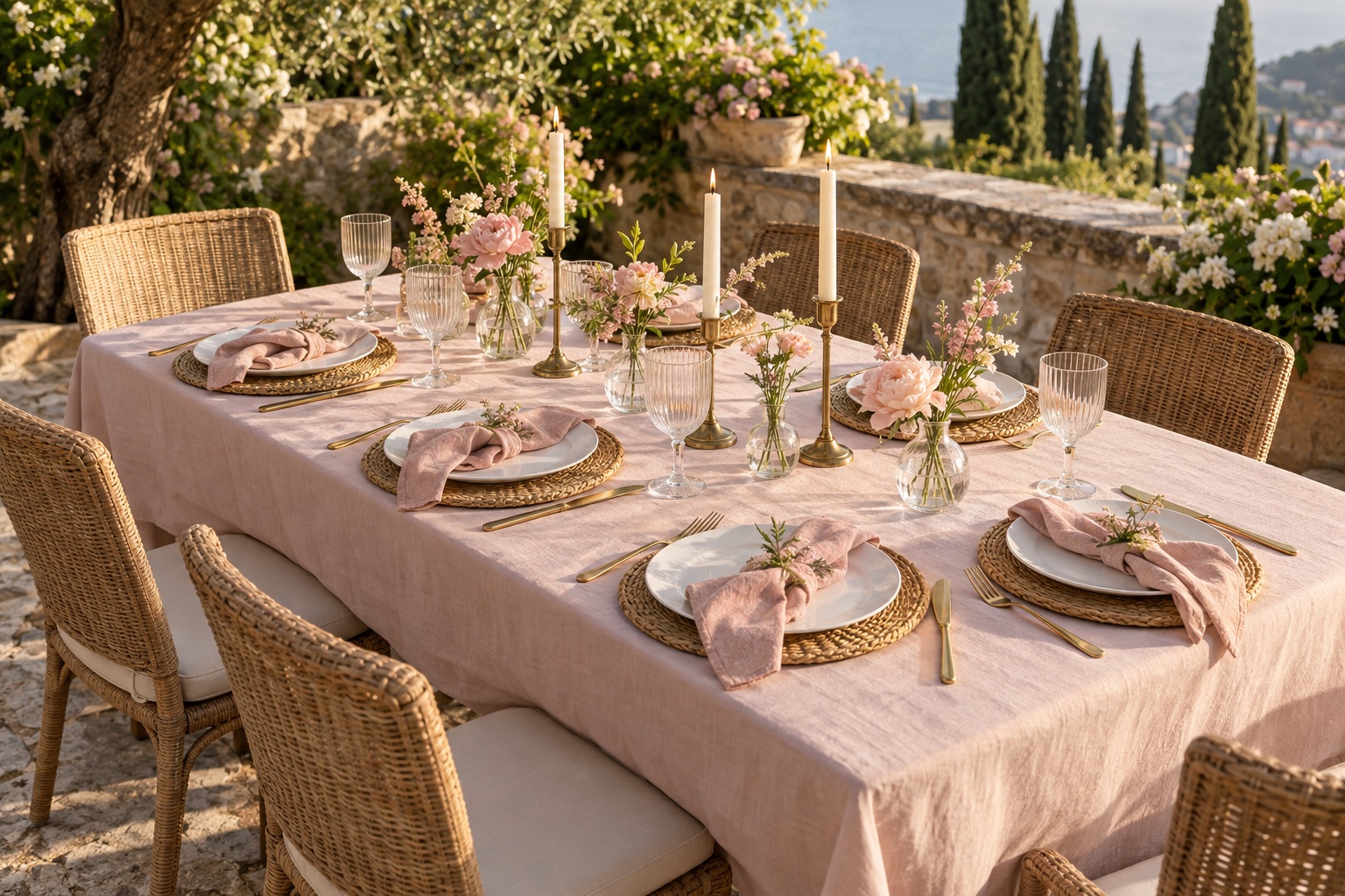 AI-styled inspiration: A romantic garden party table with blush pink linens, white dinner plates, woven chargers, ribbed goblets, gold cutlery, clear bud vases, pink flowers and ivory candles.