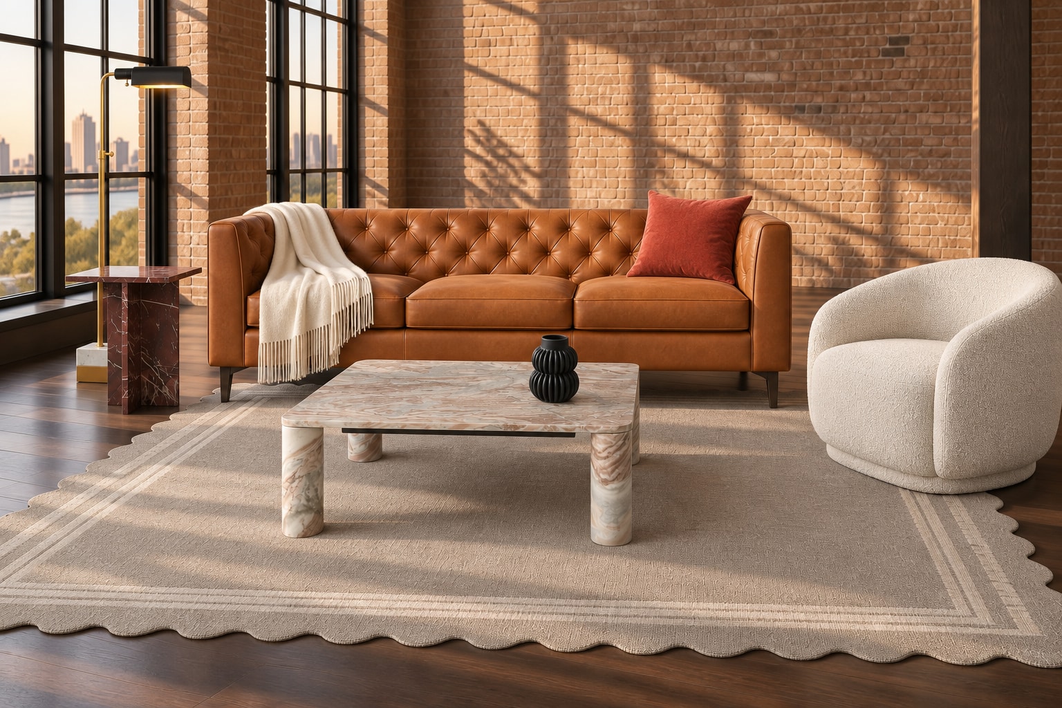 AI arrangement generated from selected Amazon product photos: The Cognac Loft, with POLY & BARK Essex leather sofa, Meridian Hyde bouclé accent chair and SAFAVIEH Couture Nicoletta Marble Coffee Table.