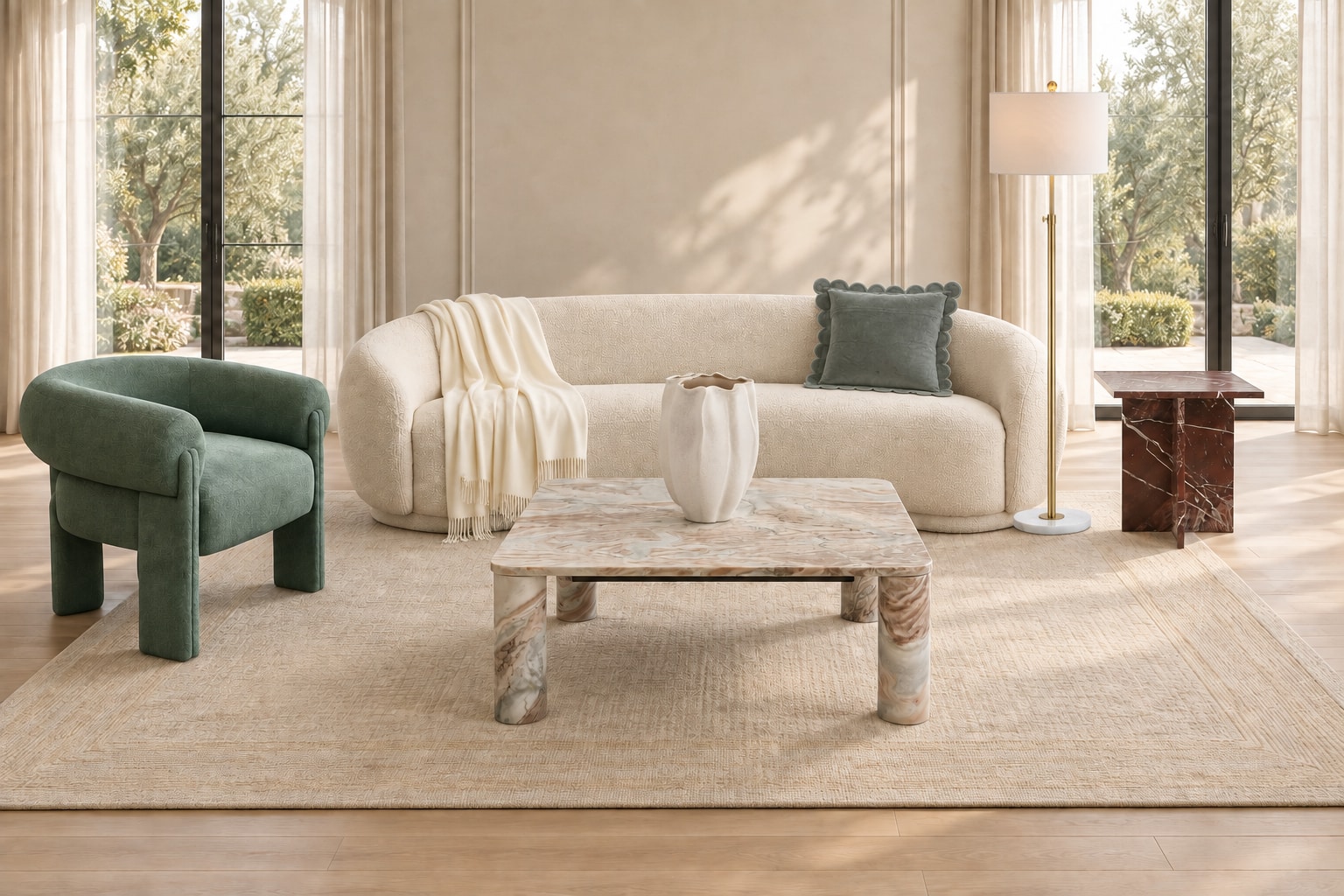 AI arrangement generated from selected Amazon product photos: Sage Residence, with Meridian Hyde bouclé sofa, Meridian Stefano green accent chair and SAFAVIEH Couture Nicoletta Marble Coffee Table.