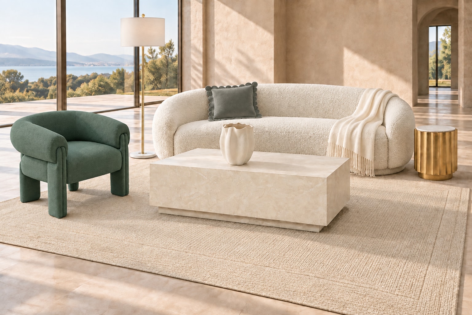 AI arrangement generated from selected Amazon product photos: The Sand Residence, with Meridian Hyde bouclé sofa, Meridian Stefano green accent chair and TOV Furniture Romy Coffee Table.