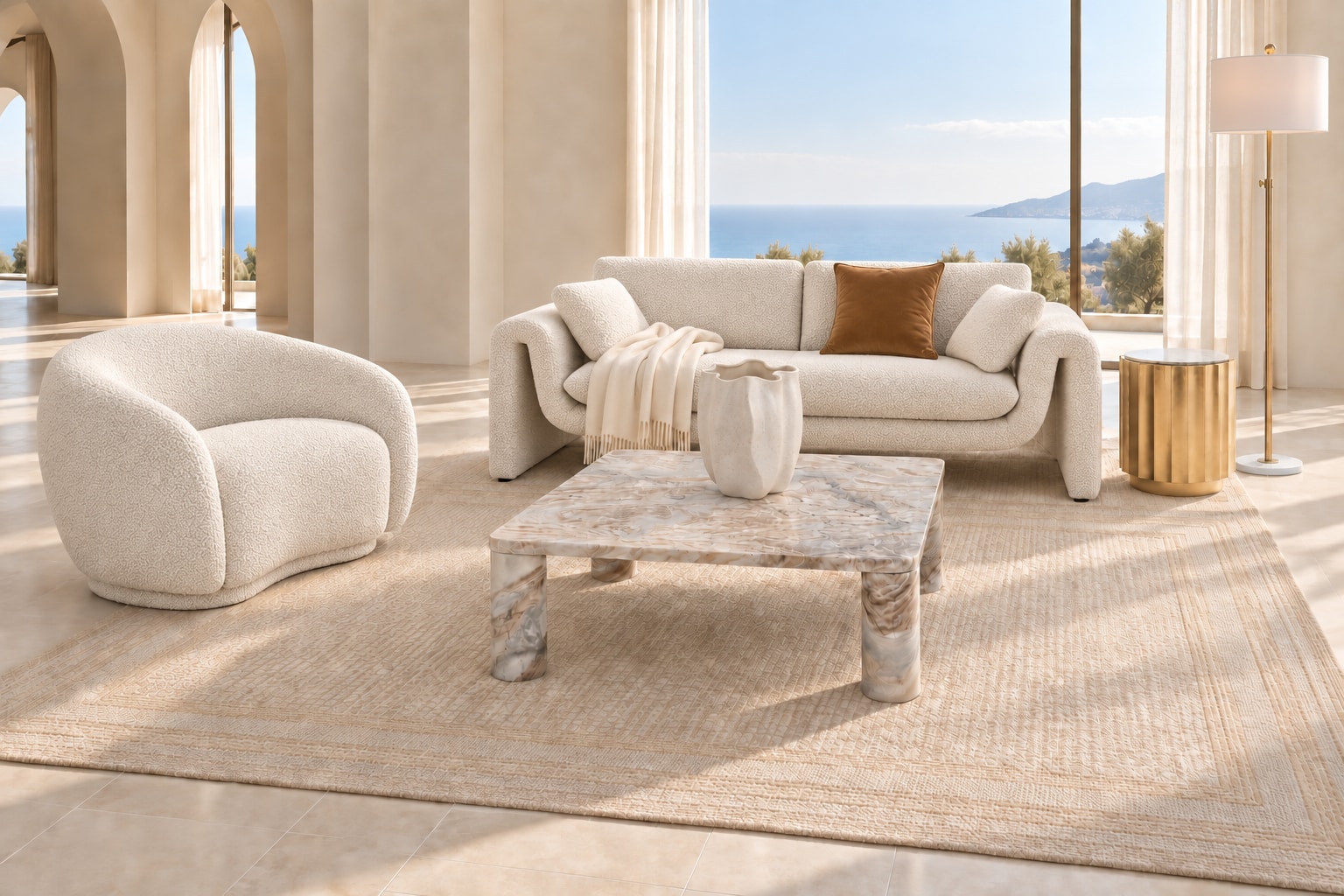 AI arrangement generated from selected Amazon product photos: Sunwashed Palazzo, with Modway Waverly bouclé sofa, Meridian Hyde bouclé accent chair and SAFAVIEH Couture Nicoletta Marble Coffee Table.
