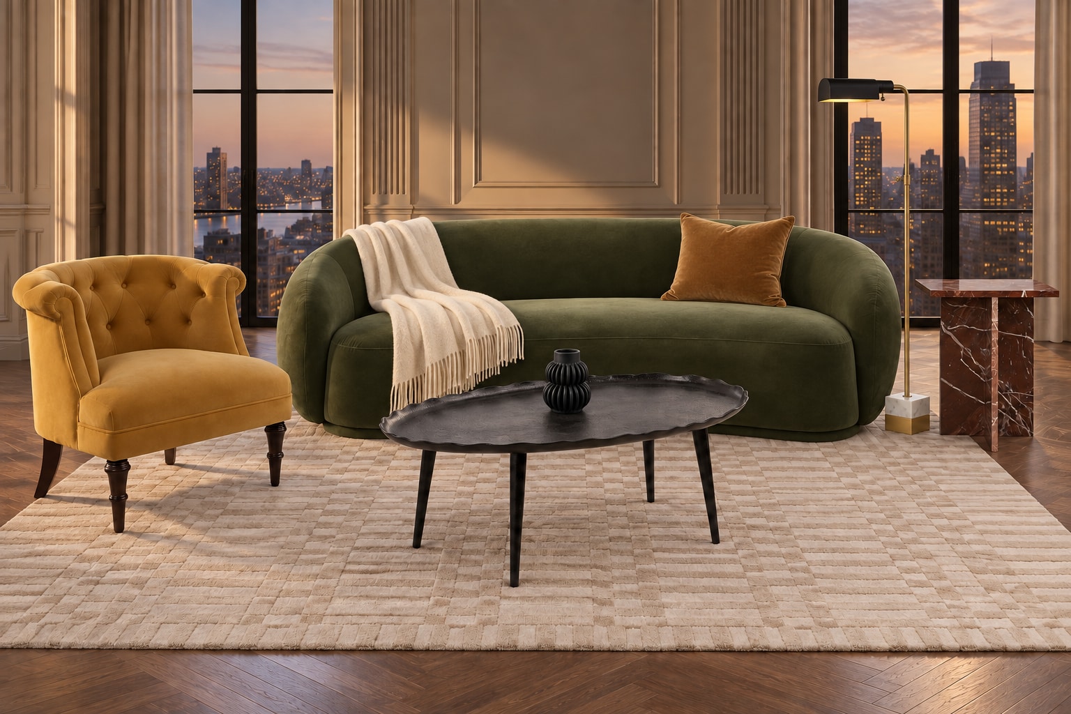 AI arrangement generated from selected Amazon product photos: Emerald Grand Salon, with Meridian Emery green velvet sofa, Jennifer Taylor Home Katherine velvet chair and Kate and Laurel Alessia Oval Coffee Table.