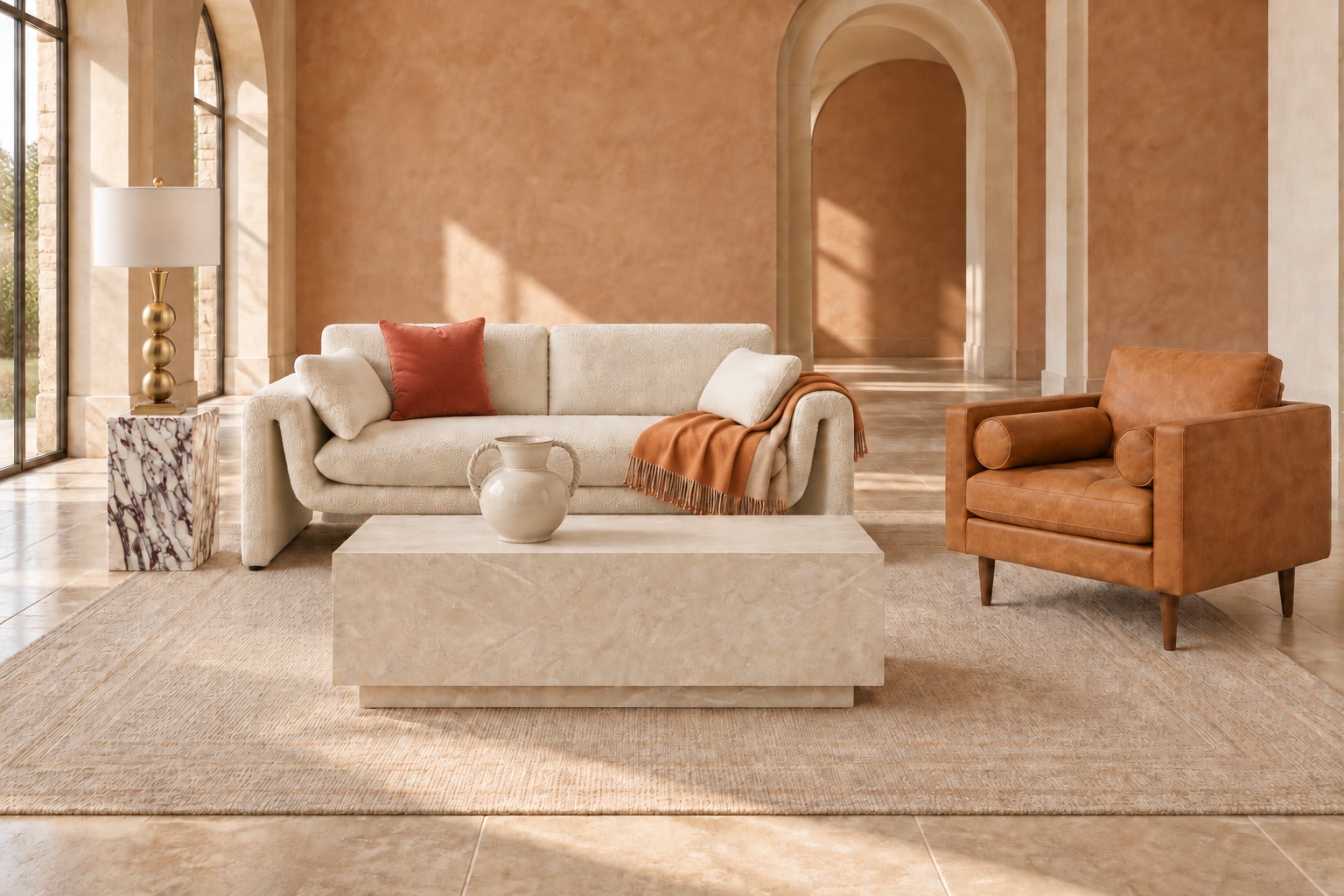 AI arrangement generated from selected Amazon product photos: Terracotta Villa, with Modway Waverly bouclé sofa, POLY & BARK Napa leather lounge chair and TOV Furniture Romy Coffee Table.