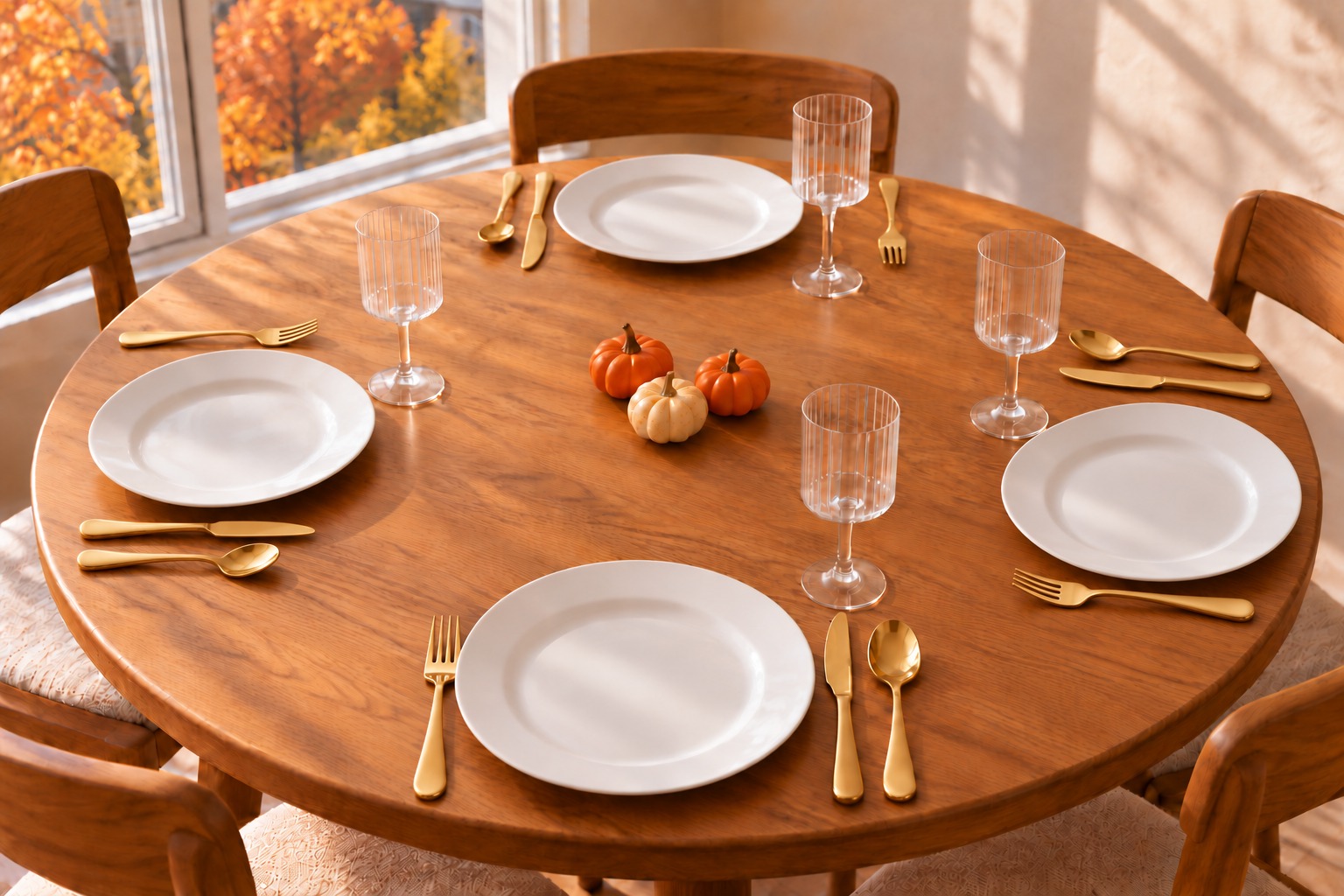 AI arrangement from selected Amazon product photos: four plain white plates, clear ribbed plastic stemmed cups and rounded gold flatware around a round oak table, with three tiny orange and cream pumpkins.