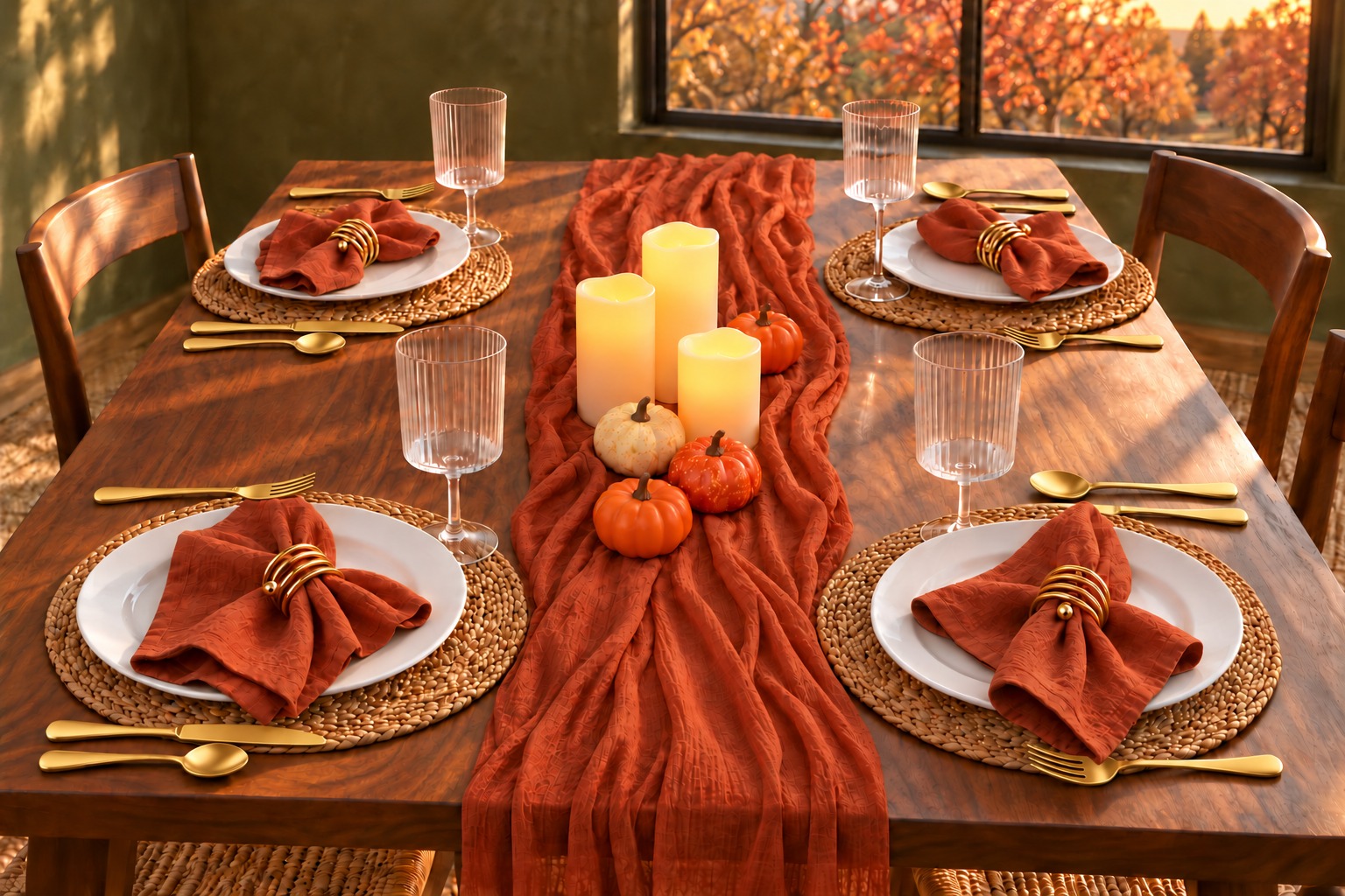 AI arrangement from selected Amazon product photos: four white porcelain settings on round woven mats with terracotta napkins, gold coil rings and gold flatware, clear ribbed plastic stemmed cups, a rust gauze runner, three ivory LED pillars and four mini pumpkins.