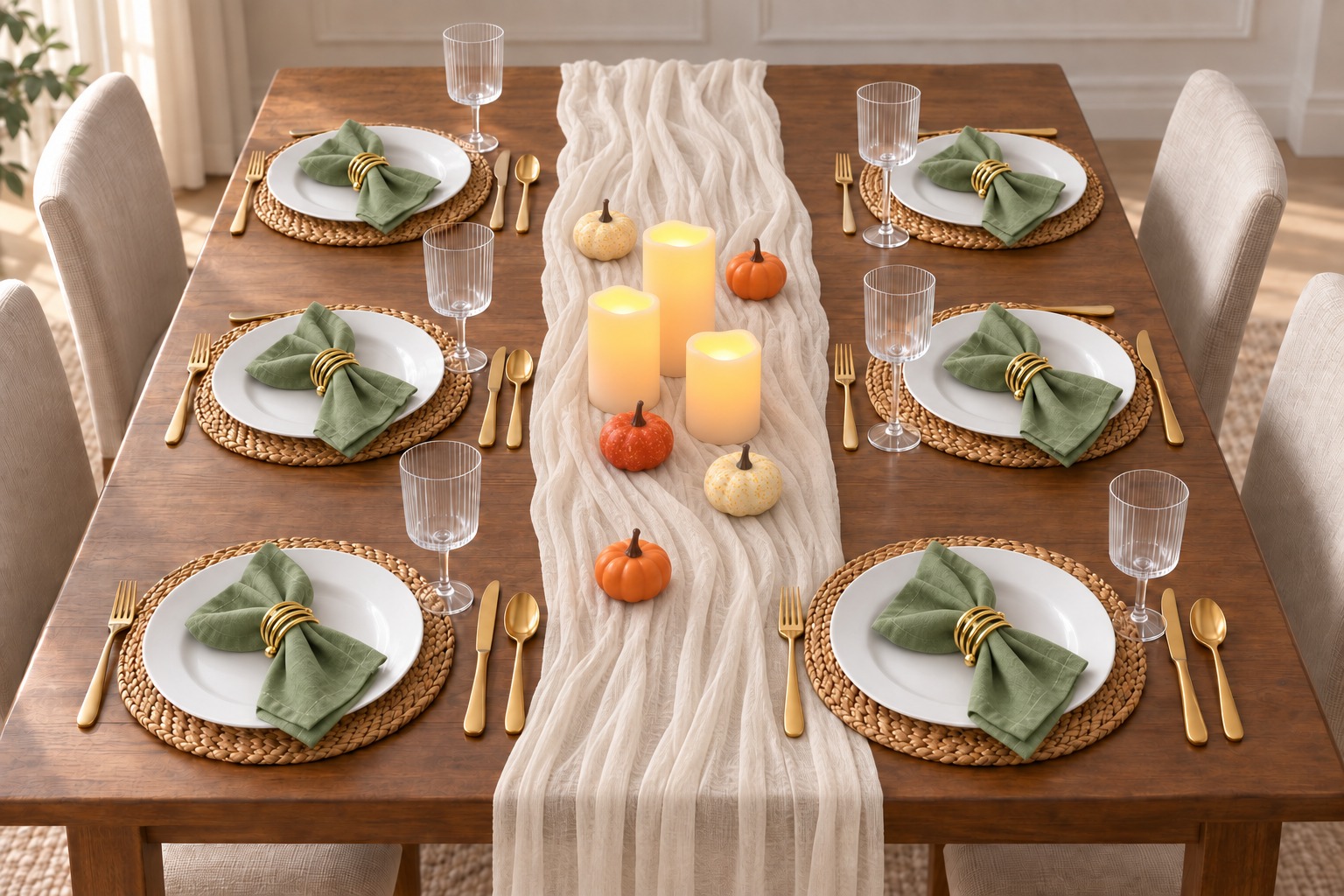 AI arrangement made from selected Amazon product photos: six white dinner plates, sage napkins with gold coil rings, woven mats, ribbed plastic stemmed cups, gold flatware, an ivory runner, three LED pillars and five mini pumpkins.