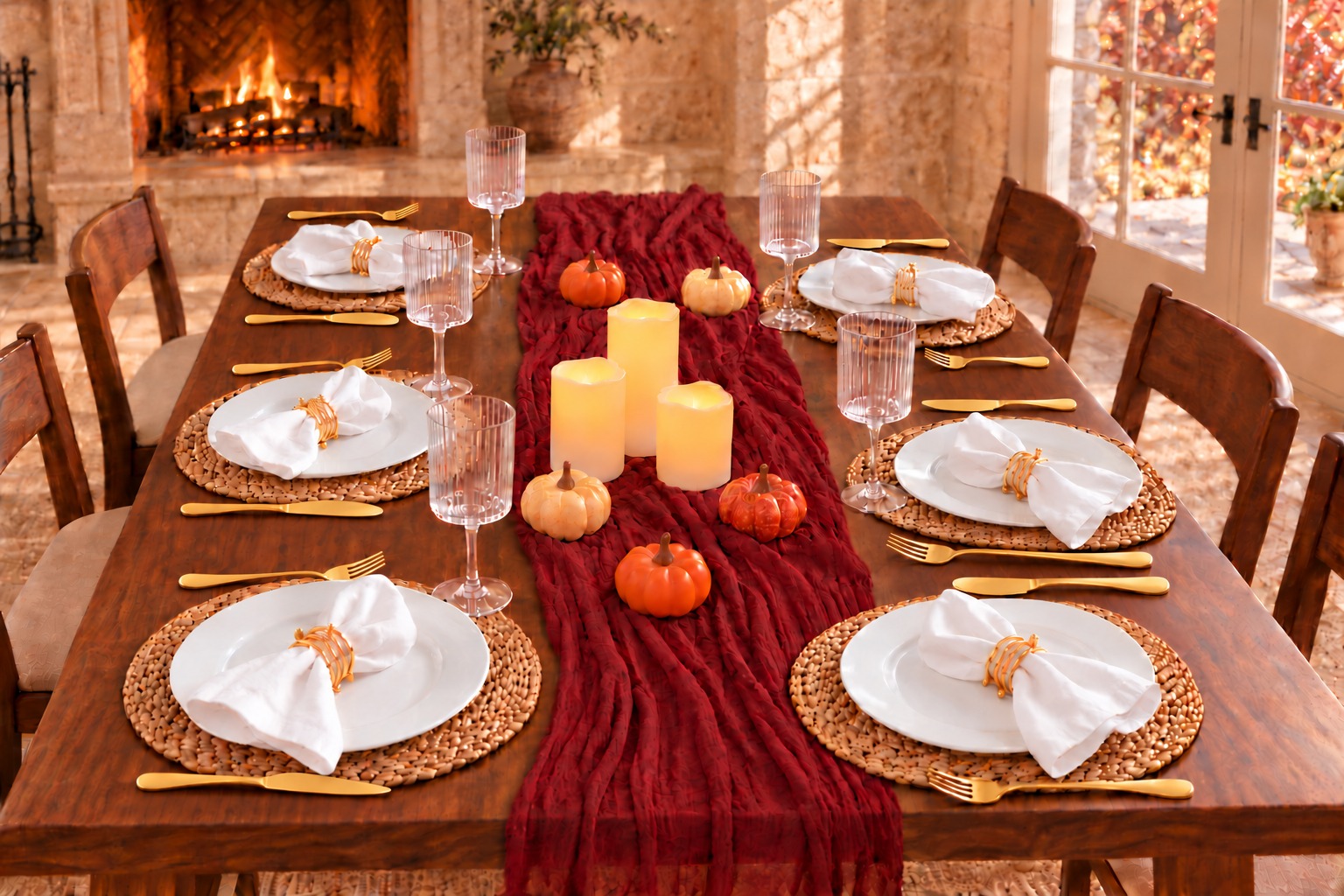 AI arrangement from selected Amazon product photos: six plain white dinner plates and white cotton napkins on woven mats, gold coil rings and flatware, clear ribbed plastic stemmed cups, a burgundy gauze runner, three ivory LED pillars and five tiny pumpkins.