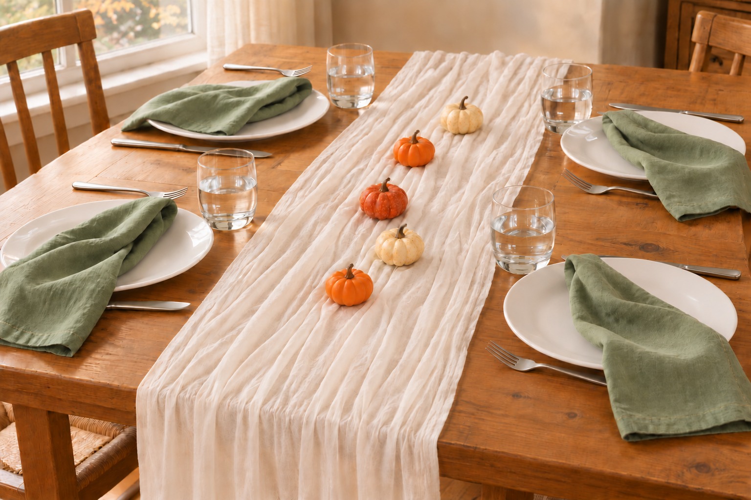AI arrangement from selected Amazon product photos: four hemmed sage cotton napkins, one ivory gauze runner and five miniature orange and speckled cream pumpkins on a cottage table; everyday white dishes, clear tumblers and silver cutlery are excluded staging.