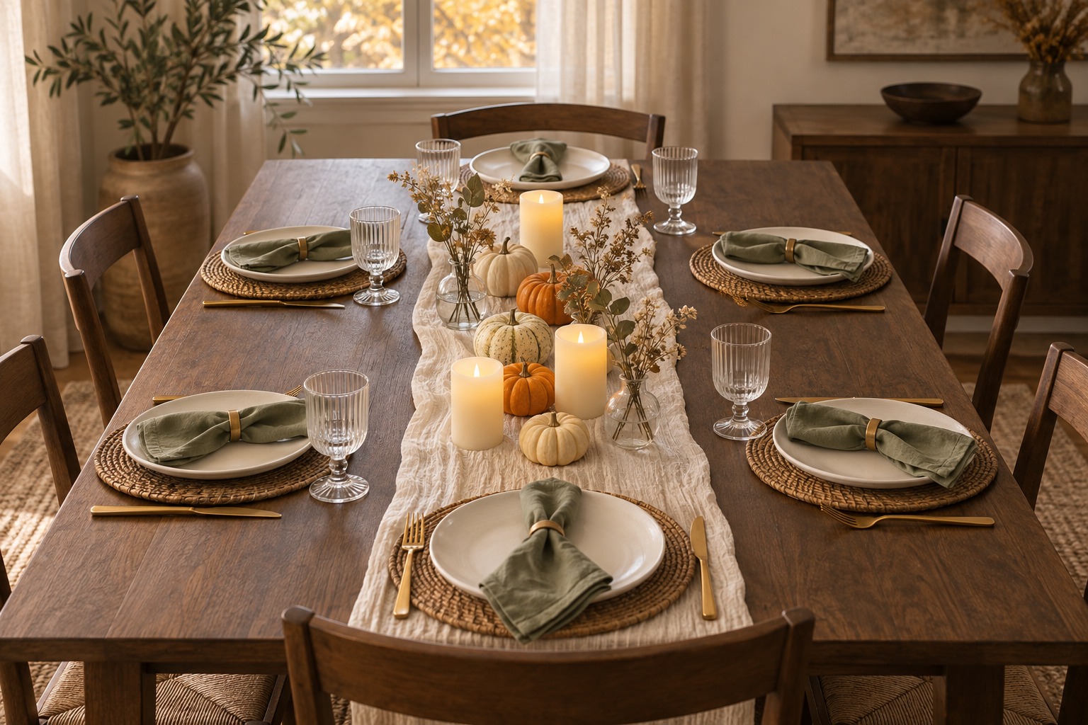 AI-styled inspiration: Thanksgiving dining table with six white plates, sage napkins, woven placemats, gold-tone cutlery, miniature pumpkins and three ivory pillar candles.