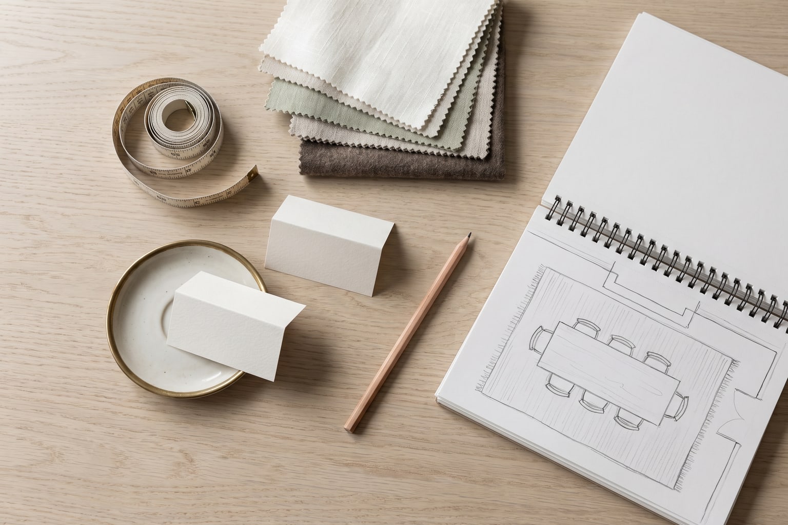 AI-generated flat lay of a tape measure, fabric swatches, blank place cards and a sketch of a table and rug layout