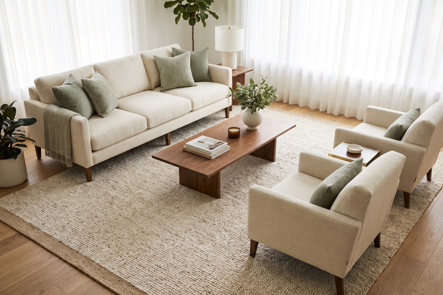 AI-generated living room where the sofa's front legs and two armchairs rest on a large wool rug with a border of floor around it