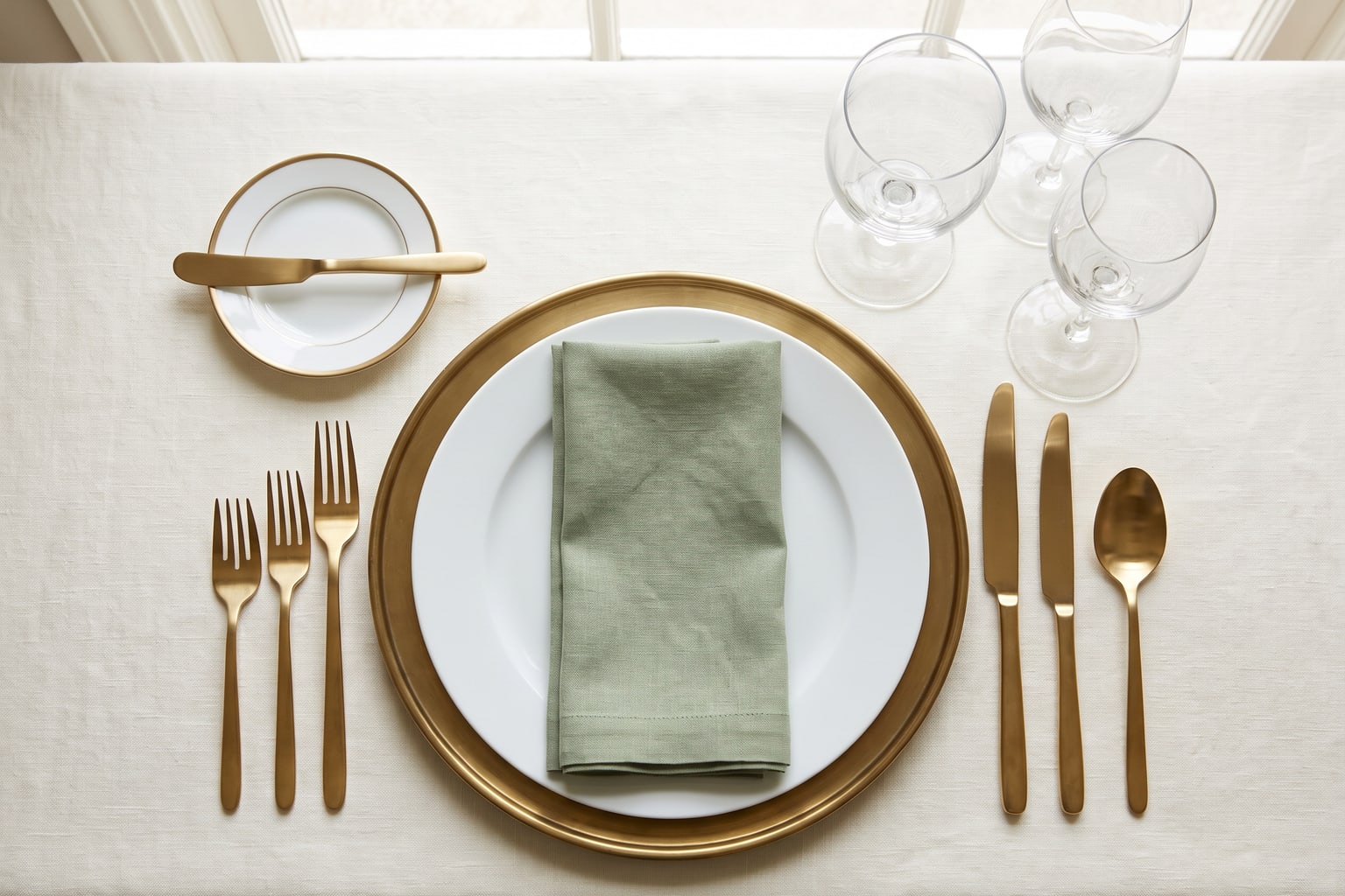 AI-generated overhead view of a formal place setting: charger, plate and napkin, three forks on the left, knives and a spoon on the right, a bread plate above the forks and glasses above the knives