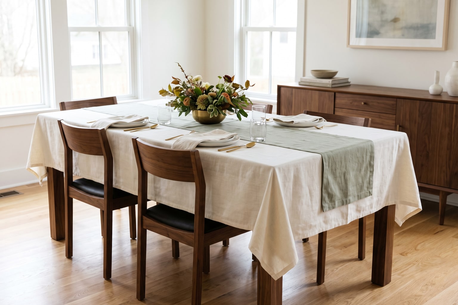 AI-generated dining table dressed with an ivory tablecloth hanging on every side and a sage runner down the center