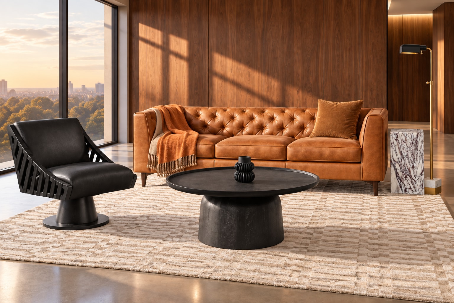 AI arrangement generated from selected Amazon product photos: Walnut Atelier, with POLY & BARK Essex leather sofa, Meridian Millwin swivel chair and Modway Holloway Round Coffee Table.